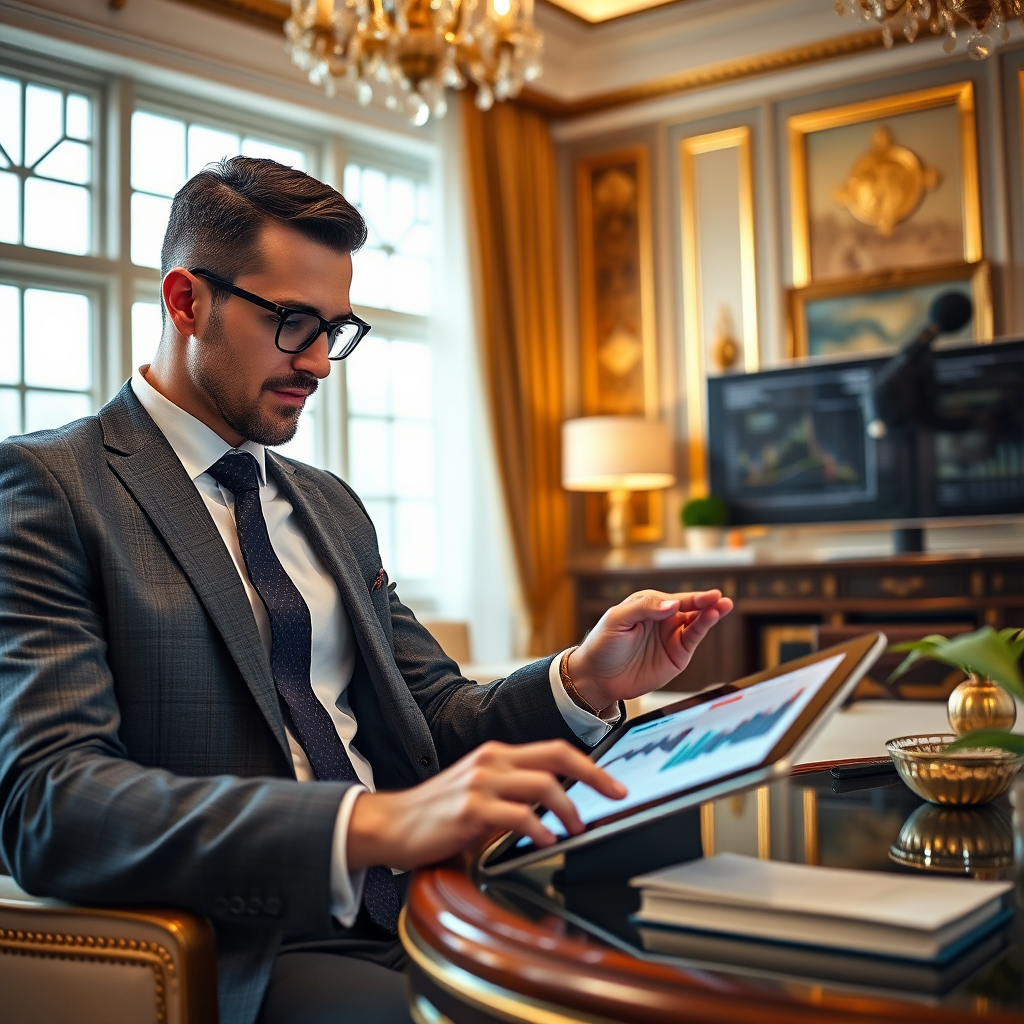 Professioneller Geschäftsmann analysiert Finanzdiagramme und Investitionsstrategien auf modernem Tablet in luxuriösem Büro mit goldenen Akzenten