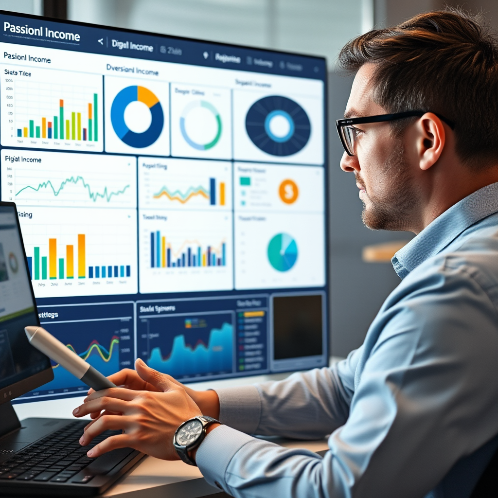 Professioneller Geschäftsmann analysiert verschiedene Einkommensströme auf einem modernen Dashboard mit Diagrammen und Grafiken, die passive Einkommen und Diversifikationsstrategien zeigen