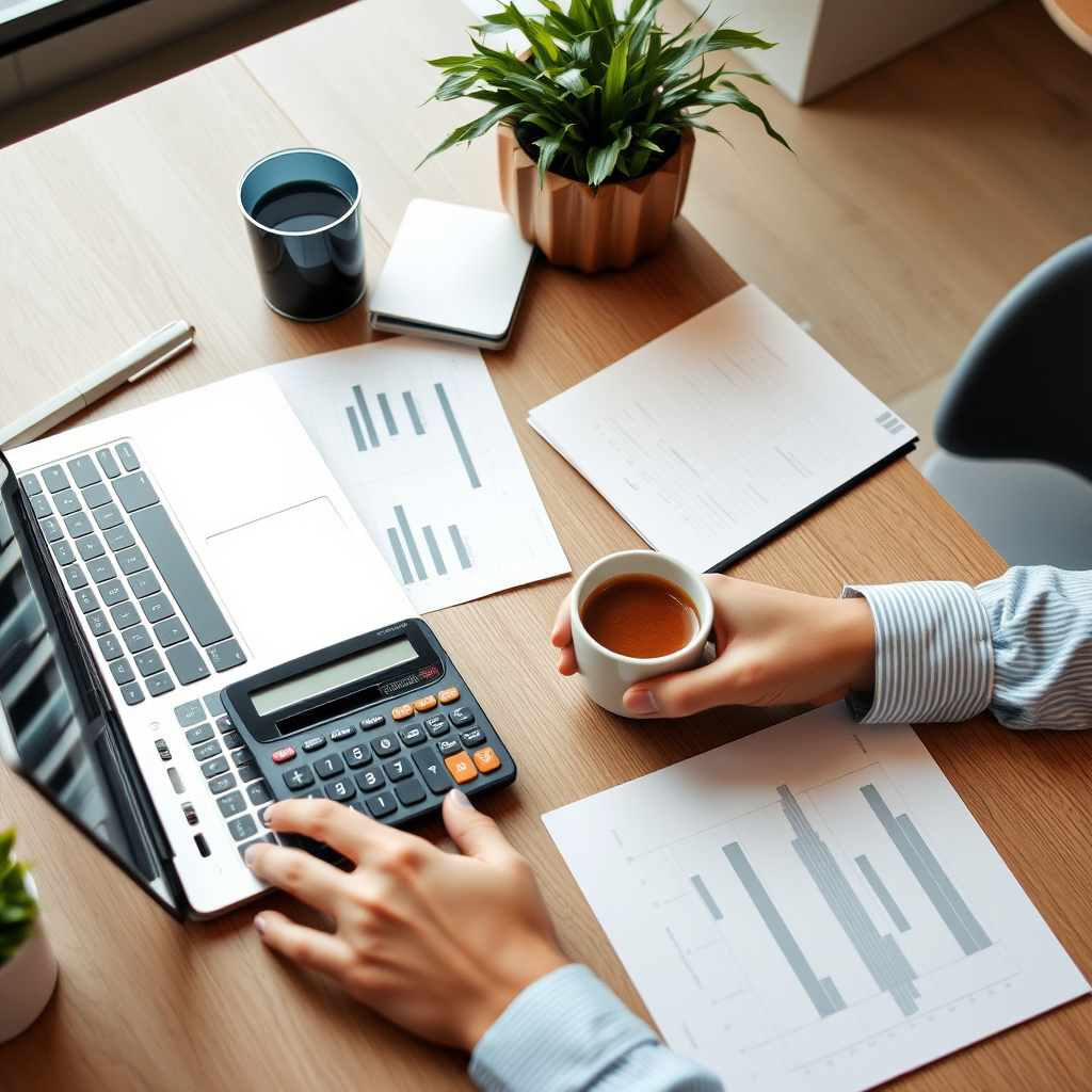 Professioneller Arbeitsplatz eines Selbstständigen mit Laptop, Taschenrechner, Dokumenten und Kaffeetasse auf einem modernen Schreibtisch, symbolisiert Finanzplanung und Organisation