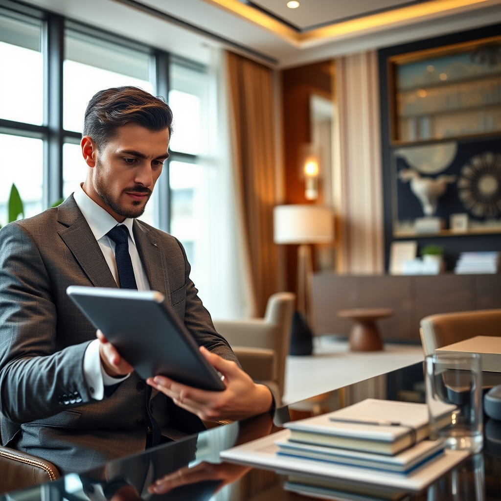 Professioneller Geschäftsmann analysiert Finanzdiagramme und Strategien für nachhaltiges Einkommen auf modernem Tablet in luxuriösem Büro
