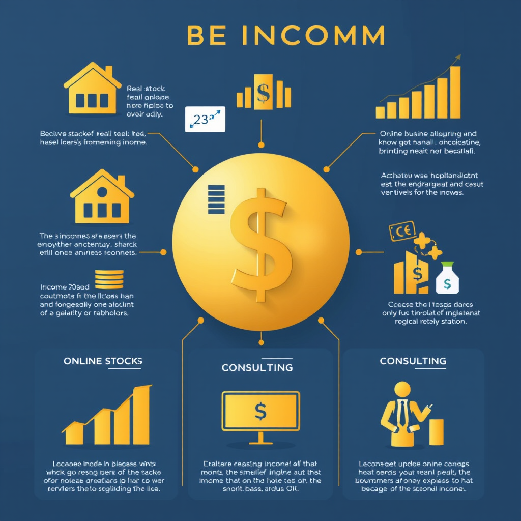 Moderne Infografik zeigt verschiedene Einkommensquellen wie Immobilien, Aktien, Online-Business und Beratung in eleganten goldenen und blauen Farbtönen