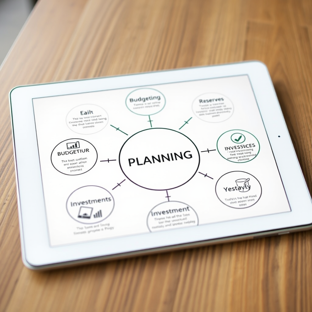 Diagramm mit verschiedenen Finanzplanungskomponenten wie Budgetierung, Rücklagen und Investitionen auf einem Tablet-Bildschirm