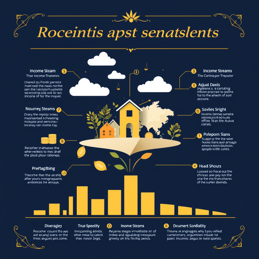 Elegante Infografik zeigt verschiedene Einkommensströme und Diversifikationsstrategien mit goldenen Akzenten auf navy blauem Hintergrund