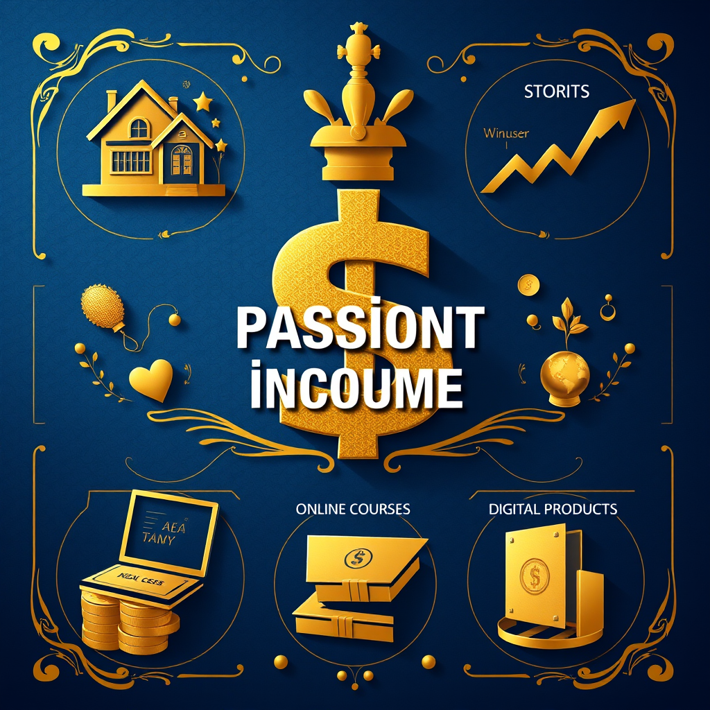 Elegante Darstellung verschiedener passiver Einkommensquellen: Immobilien, Dividenden-Aktien, Online-Kurse und digitale Produkte in luxuriöser gold-blauer Gestaltung