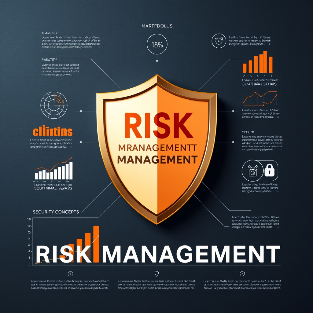 Professionelle Darstellung von Risikomanagement-Strategien mit Schutzschild, Diversifikations-Charts und Sicherheitskonzepten in eleganten Unternehmensfarben