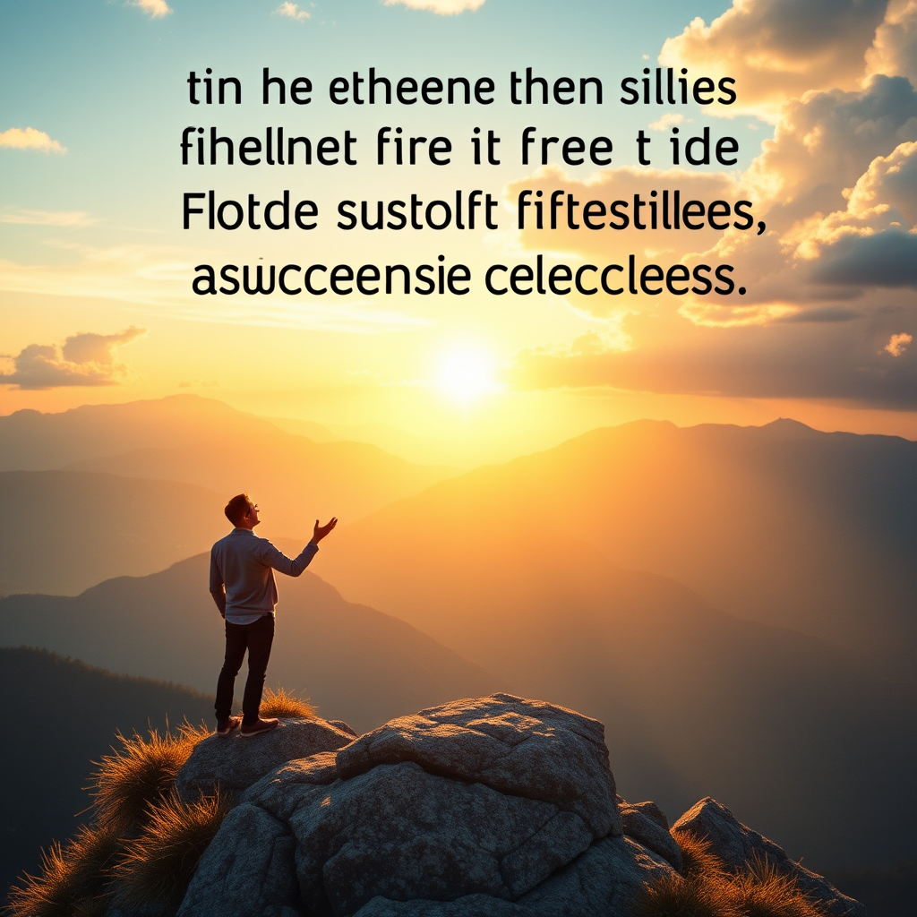 Inspirierendes Bild einer erfolgreichen Person, die auf einem Berg steht und in die Zukunft blickt, symbolisiert finanzielle Freiheit und nachhaltigen Erfolg in warmen Gold- und Blautönen