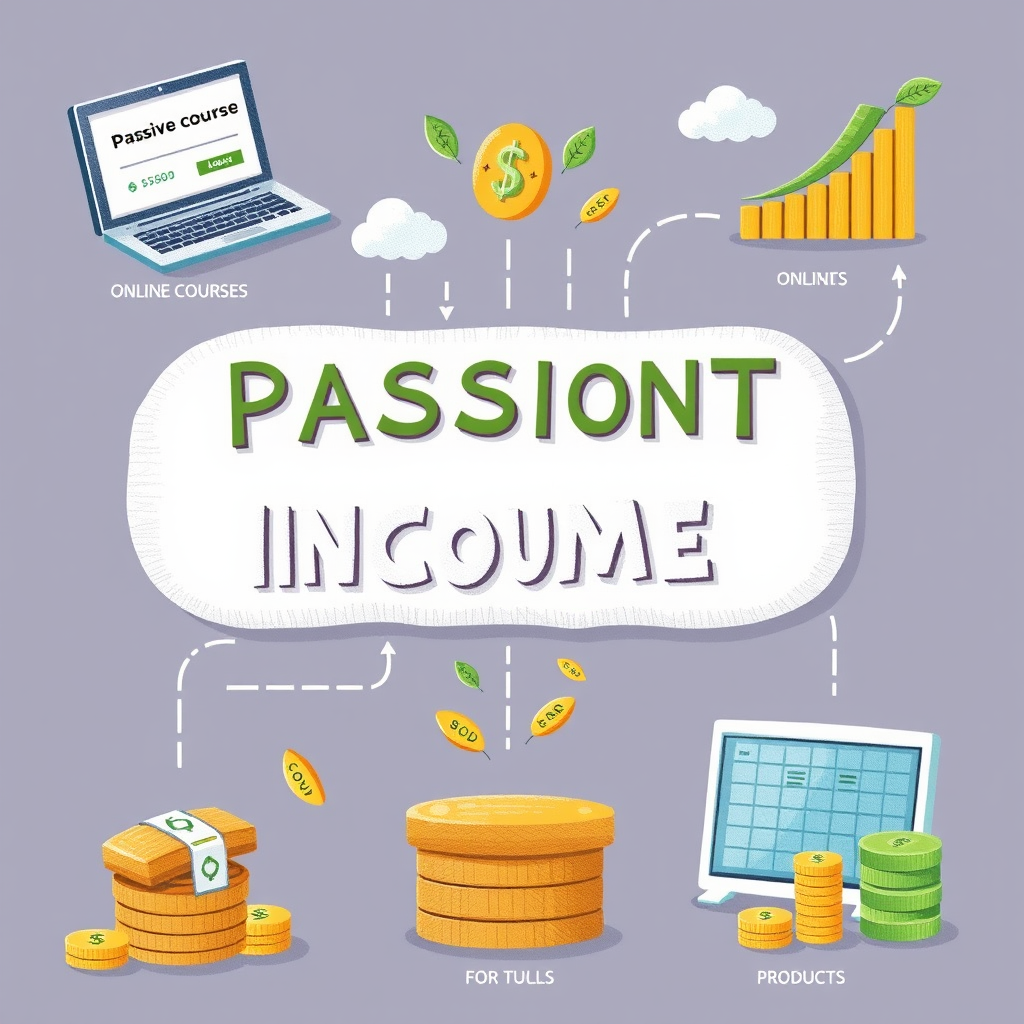 Illustration zeigt verschiedene passive Einkommensquellen wie Online-Kurse, Dividenden, Immobilien und digitale Produkte als Geldströme